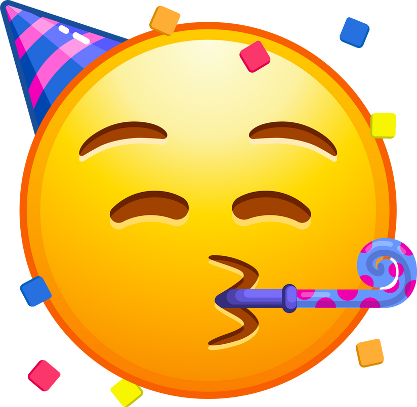 Top quality emoticon. Partying emoji. Emoticon with party horn and hat, celebrating. Yellow face emoji. Popular element.